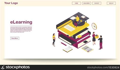 E learning webpage vector template with isometric illustration. Digital library. Online school, classes, lesson. Remote studying, distance education. Website interface layout. Webpage 3d concept. E learning webpage vector template with isometric illustration