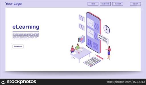E learning webpage vector template with isometric illustration. Remote education. Online school. Educational smartphone app, studying math, geometry. Website interface layout. Webpage 3d concept. E learning webpage vector template with isometric illustration