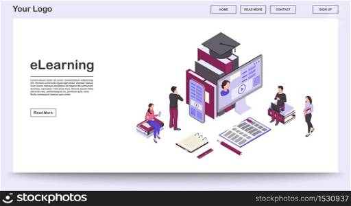 E learning webpage vector template with isometric illustration. Webinars, video tutorials. Online business training. Remote studying, distance education. Website interface layout. Webpage 3d concept. E learning webpage vector template with isometric illustration