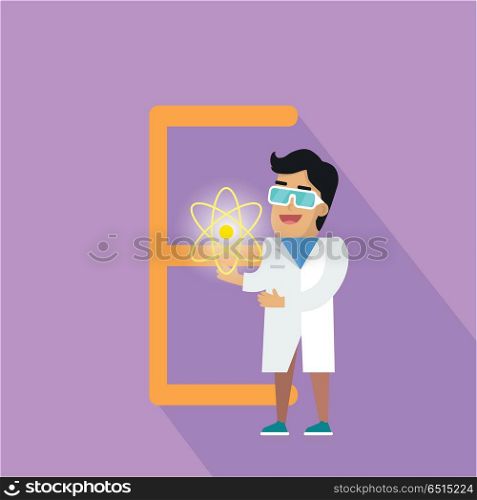 E Letter and Scientist with Electric Field.. E letter and scientist with electric field sign. Human characters in white gowns with scientific equipment. Alphabet series with people. Physical experiment conduction. Educational concept. ABC vector