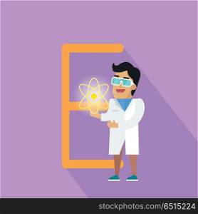 E Letter and Scientist with Electric Field.. E letter and scientist with electric field sign. Human characters in white gowns with scientific equipment. Alphabet series with people. Physical experiment conduction. Educational concept. ABC vector