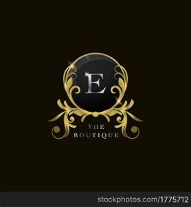 E Letter Golden Circle Shield Luxury Boutique Logo, vector design concept for initial, luxury business, hotel, wedding service, boutique, decoration and more brands.
