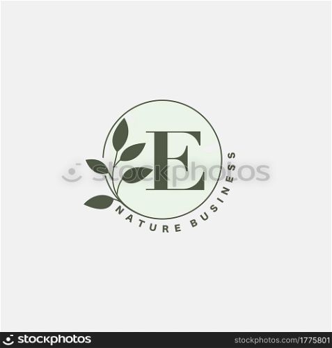 E Letter Logo Circle Nature Leaf, vector logo design concept botanical floral leaf with initial letter logo icon for nature business.