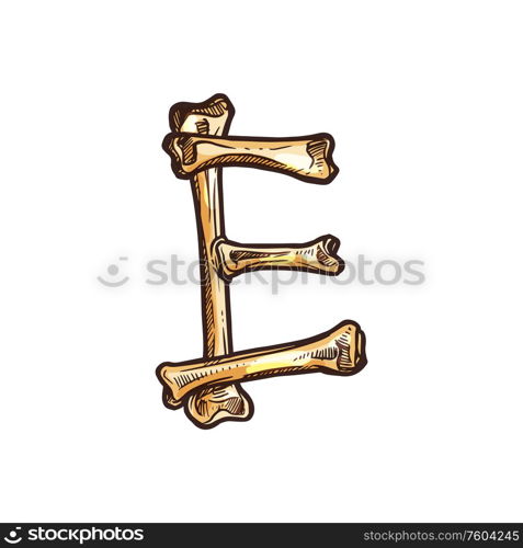 E letter of spooky bones isolated ABC symbol. Vector scary font isolated icon. Letter E isolated sketch icon spooky font of bones