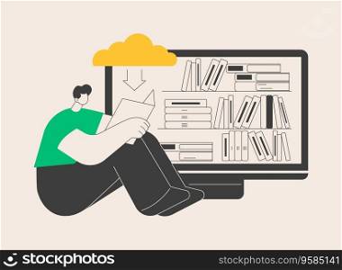 E-library abstract concept vector illustration. Digital learning, online database, content store, web search, ebook reader, internet education, bookshelf on screen, web archive abstract metaphor.. E-library abstract concept vector illustration.