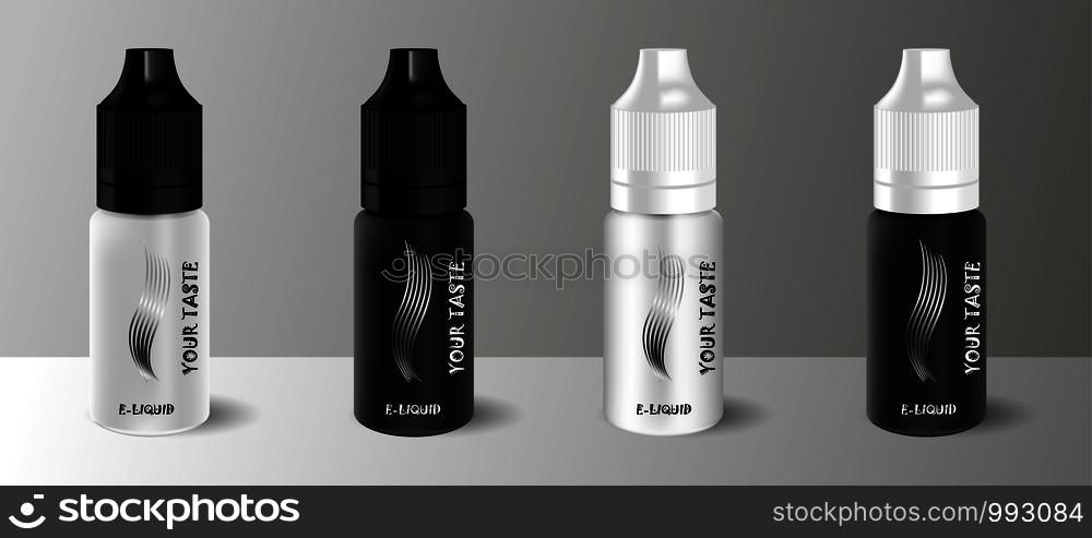 E liquid dropper bottle set in black and white color. Realistic essential oil jar. Mock up container. Cosmetic vial, flask, flacon. Medical bank.. E liquid dropper bottle set in black white color