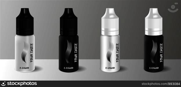 E liquid dropper bottle set in black and white color. Realistic essential oil jar. Mock up container. Cosmetic vial, flask, flacon. Medical bank.. E liquid dropper bottle set in black white color