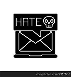 E-mail cyberbullying black glyph icon. Hate messages. Offensive mail. Online harassment. Internet bullying and cyberharassment. Silhouette symbol on white space. Vector isolated illustration. E-mail cyberbullying black glyph icon