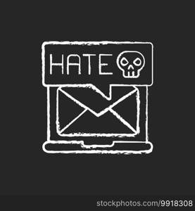 E-mail cyberbullying chalk white icon on black background. Hate messages. Offensive mail. Online harassment. Internet bullying and cyberharassment. Isolated vector chalkboard illustration. E-mail cyberbullying chalk white icon on black background