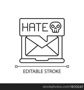E-mail cyberbullying linear icon. Hate messages. Offensive mail. Receive hurtful anonymous text. Thin line customizable illustration. Contour symbol. Vector isolated outline drawing. Editable stroke. E-mail cyberbullying linear icon