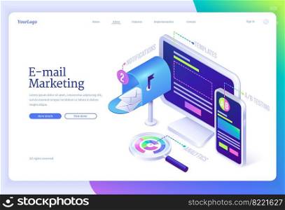 E-mail marketing isometric landing page with letter envelopes in mailbox near computer desktop, smartphone and magnifier. Electronic messages service benefits business concept, 3d vector web banner. E-mail business marketing isometric landing page