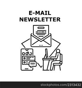 E-mail Newsletter Vector Icon Concept. E-mail Newsletter With Business Or Marketing Information, Special Offer Or Advertising Service. User Reading Message On Computer Screen Black Illustration. E-mail Newsletter Vector Concept Illustration