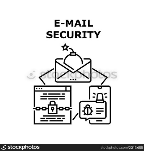 E-mail Security Vector Icon Concept. E-mail Security Technology And Software For Protect Private Information And Computer Digital System From Virus And Spyware. Safety App Black Illustration. E-mail Security Vector Concept Black Illustration