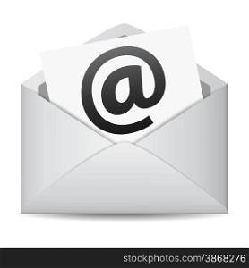 E-mail web contact and business newsletter concept with an email icon envelope and black at symbol on a paper sheet vector EPS 10 illustration isolated on white background.