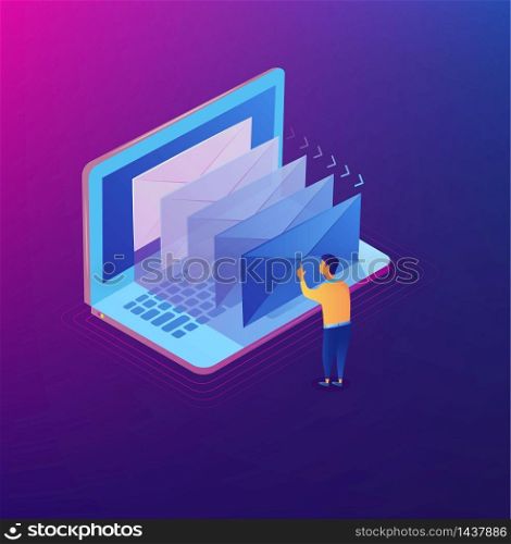 E-mailing notification isometric concept. Isometric modern mail. Email marketing on the laptop screen. Vector illustration eps10. E-mailing notification isometric concept. Isometric modern mail. Email marketing on the laptop screen. Vector illustration