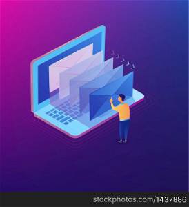 E-mailing notification isometric concept. Isometric modern mail. Email marketing on the laptop screen. Vector illustration eps10. E-mailing notification isometric concept. Isometric modern mail. Email marketing on the laptop screen. Vector illustration