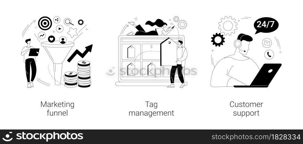 E-marketing abstract concept vector illustration set. Marketing funnel, tag management, customer support, product cycle, data collection, analytic software, online chat, help center abstract metaphor.. E-marketing abstract concept vector illustrations.