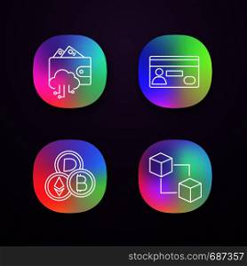 E-payment app icons set. E-wallet, credit card, cryptocurrency, blockchain. UI/UX user interface. Web or mobile applications. Vector isolated illustrations. E-payment app icons set