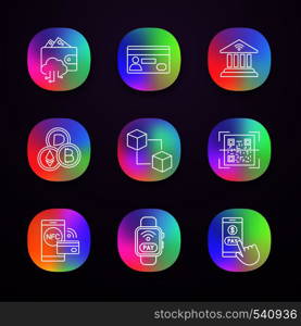 E-payment app icons set. Electronic money. Cashless and contactless payments. Digital purchase. Online banking. UI/UX user interface. Web or mobile applications. Vector isolated illustrations. E-payment app icons set