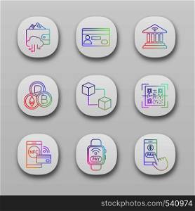 E-payment app icons set. Electronic money. Cashless and contactless payments. Digital purchase. Online banking. UI/UX user interface. Web or mobile applications. Vector isolated illustrations. E-payment app icons set
