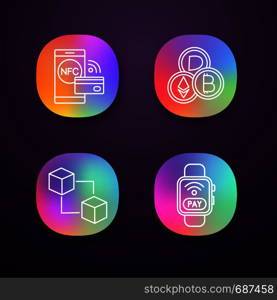 E-payment app icons set. NFC technology, cryptocurrency, blockchain, pay with smartwatch. UI/UX user interface. Web or mobile applications. Vector isolated illustrations. E-payment app icons set