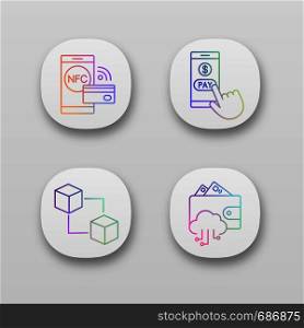 E-payment app icons set. NFC technology, pay with smartphone, blockchain, e-wallet. UI/UX user interface. Web or mobile applications. Vector isolated illustrations. E-payment app icons set