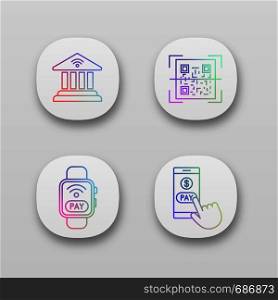 E-payment app icons set. Online banking, QR code scanner, NFC smartwatch, pay with smartphone. UI/UX user interface. Web or mobile applications. Vector isolated illustrations. E-payment app icons set