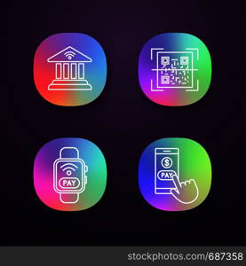 E-payment app icons set. Online banking, QR code scanner, NFC smartwatch, pay with smartphone. UI/UX user interface. Web or mobile applications. Vector isolated illustrations. E-payment app icons set