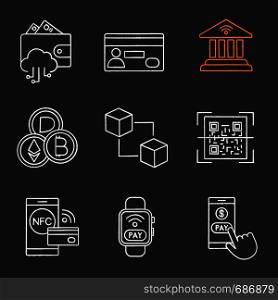 E-payment chalk icons set. Electronic money. Cashless and contactless payments. Digital purchase. Online banking. NFC technology. Isolated vector chalkboard illustrations. E-payment chalk icons set