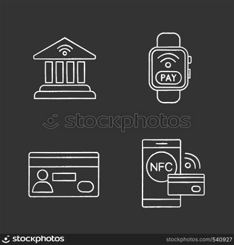 E-payment chalk icons set. Online banking, NFC smartwatch, credit card, contactless payment with smartphone. Isolated vector chalkboard illustrations. E-payment chalk icons set