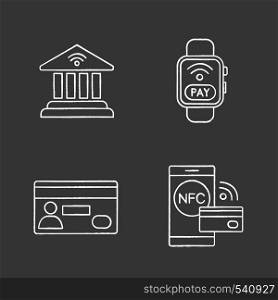 E-payment chalk icons set. Online banking, NFC smartwatch, credit card, contactless payment with smartphone. Isolated vector chalkboard illustrations. E-payment chalk icons set