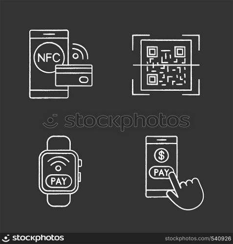 E-payment chalk icons set. Pay with smartphone, NFC smartwatch, QR code scanner, contactless payment. Isolated vector chalkboard illustrations. E-payment chalk icons set