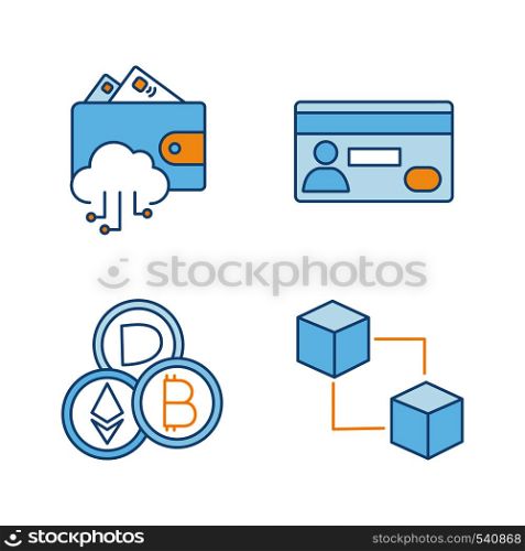 E-payment color icons set. E-wallet, credit card, cryptocurrency, blockchain. Isolated vector illustrations. E-payment color icons set