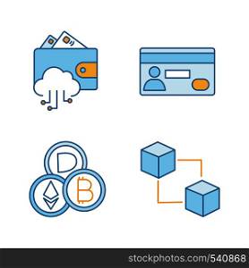 E-payment color icons set. E-wallet, credit card, cryptocurrency, blockchain. Isolated vector illustrations. E-payment color icons set