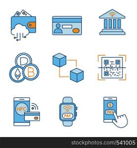 E-payment color icons set. Electronic money. Cashless and contactless payments. Digital purchase. Online banking. NFC technology. Isolated vector illustrations. E-payment color icons set