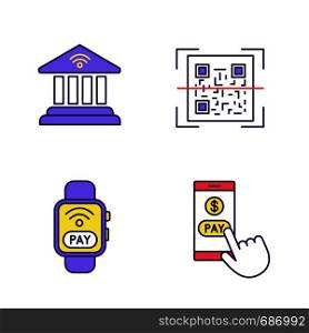 E-payment color icons set. Online banking, QR code scanner, NFC smartwatch, pay with smartphone. Isolated vector illustrations. E-payment color icons set