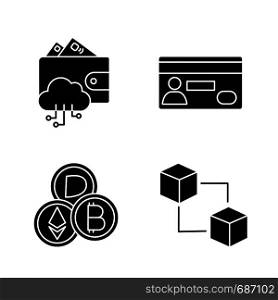 E-payment glyph icons set. E-wallet, credit card, cryptocurrency, blockchain. Silhouette symbols. Vector isolated illustration. E-payment glyph icons set