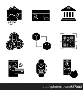 E-payment glyph icons set. Electronic money. Cashless and contactless payments. Digital purchase. Online banking. NFC technology. Silhouette symbols. Vector isolated illustration. E-payment glyph icons set