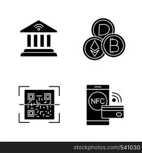 E-payment glyph icons set. Online banking, cryptocurrency, QR code scanner, NFC payment. Silhouette symbols. Vector isolated illustration. E-payment glyph icons set