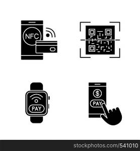 E-payment glyph icons set. Pay with smartphone, NFC smartwatch, QR code scanner, contactless payment. Silhouette symbols. Vector isolated illustration. E-payment glyph icons set