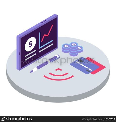 E payment isometric color vector illustration. Credit card, electronic wallet. Money investment income analyzing. Financial service, banking 3d concept isolated on white background