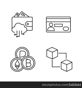 E-payment linear icons set. E-wallet, credit card, cryptocurrency, blockchain. Thin line contour symbols. Isolated vector outline illustrations. Editable stroke. E-payment linear icons set