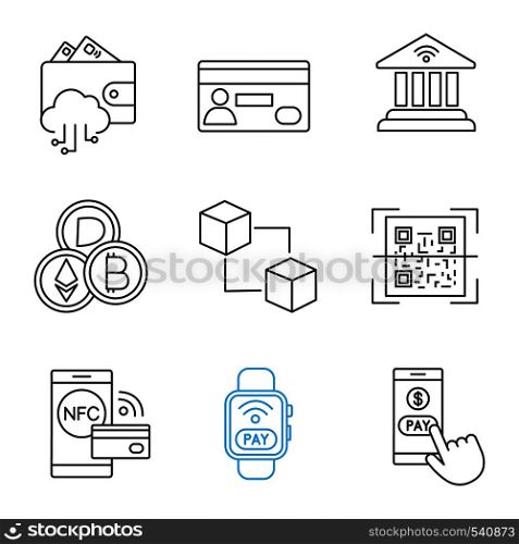 E-payment linear icons set. Electronic money. Cashless and contactless payments. Digital purchase. Online banking. Thin line contour symbols. Isolated vector outline illustrations. Editable stroke. E-payment linear icons set