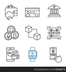 E-payment linear icons set. Electronic money. Cashless and contactless payments. Digital purchase. Online banking. Thin line contour symbols. Isolated vector outline illustrations. Editable stroke. E-payment linear icons set