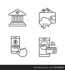 E-payment linear icons set. Online banking, e-wallet, pay with smartphone, NFC payment. Thin line contour symbols. Isolated vector outline illustrations. Editable stroke. E-payment linear icons set