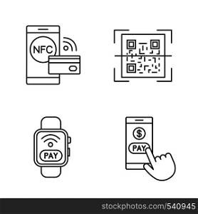 E-payment linear icons set. Pay with smartphone, NFC smartwatch, QR code scanner, contactless payment. Thin line contour symbols. Isolated vector outline illustrations. Editable stroke. E-payment linear icons set