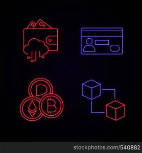 E-payment neon light icons set. E-wallet, credit card, cryptocurrency, blockchain. Glowing signs. Vector isolated illustrations. E-payment neon light icons set