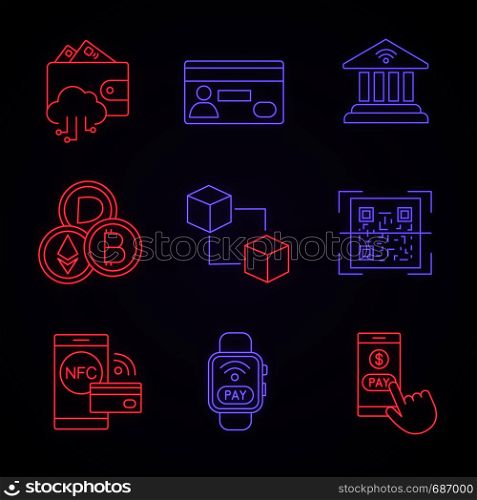 E-payment neon light icons set. Electronic money. Cashless and contactless payments. Digital purchase. Online banking. NFC technology. Glowing signs. Vector isolated illustrations. E-payment neon light icons set