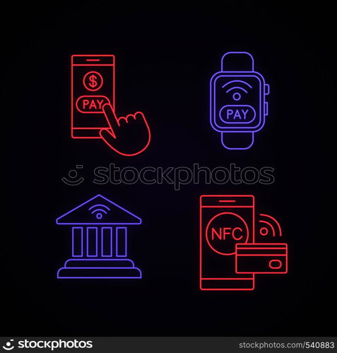 E-payment neon light icons set. Pay with smartphone, NFC smartwatch, online banking, contactless payment. Glowing signs. Vector isolated illustrations. E-payment neon light icons set