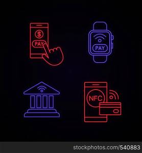 E-payment neon light icons set. Pay with smartphone, NFC smartwatch, online banking, contactless payment. Glowing signs. Vector isolated illustrations. E-payment neon light icons set